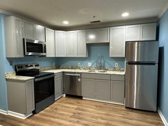 Interior, Kitchen, Recessed Lighting, Stainless Steel Appliances, Wood Texture Flooring