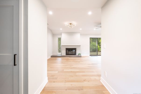 Fireplace, Interior, Recessed Lighting, Wood Texture Flooring
