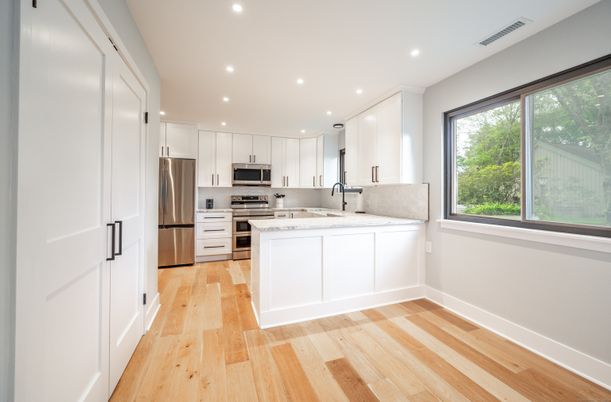 Interior, Kitchen, Recessed Lighting, Stainless Steel Appliances, Wood Texture Flooring