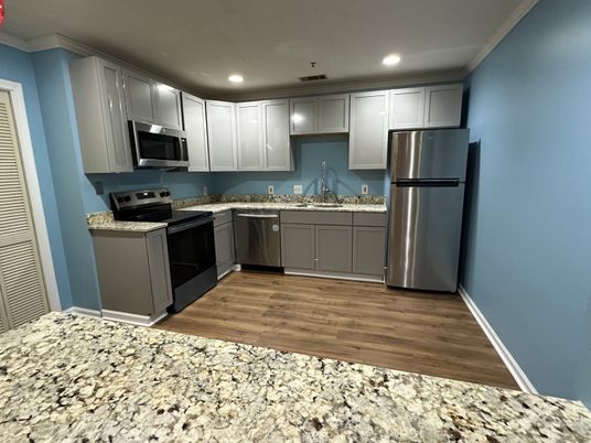 Interior, Kitchen, Recessed Lighting, Stainless Steel Appliances, Wood Texture Flooring