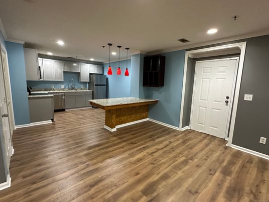 Interior, Kitchen, Pendant Lights, Recessed Lighting, Stainless Steel Appliances, Wood Texture Flooring