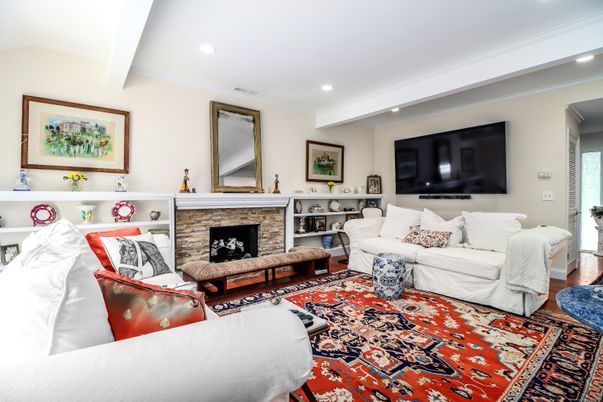 Fireplace, Interior, Living room, Recessed Lighting, Wood Texture Flooring