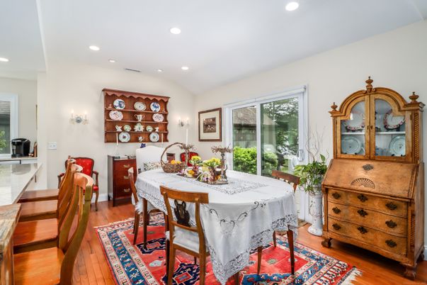 Dining room, Interior, Recessed Lighting, Wood Texture Flooring