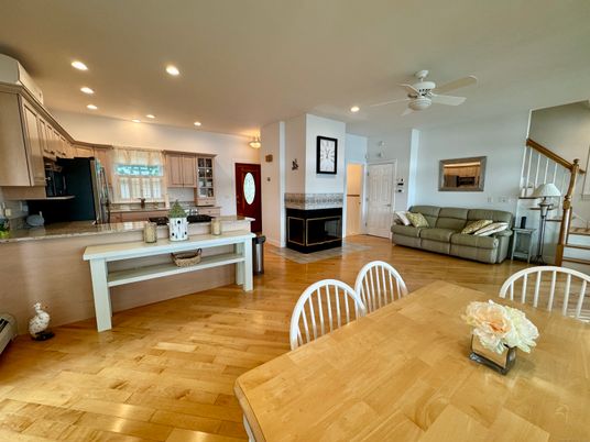 Dining room, Fireplace, Interior, Kitchen, Living room, Recessed Lighting, Wood Texture Flooring