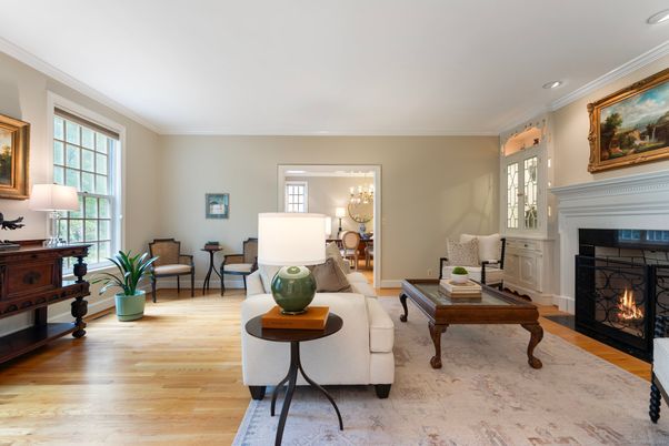 Fireplace, Interior, Living room, Recessed Lighting, Wood Texture Flooring