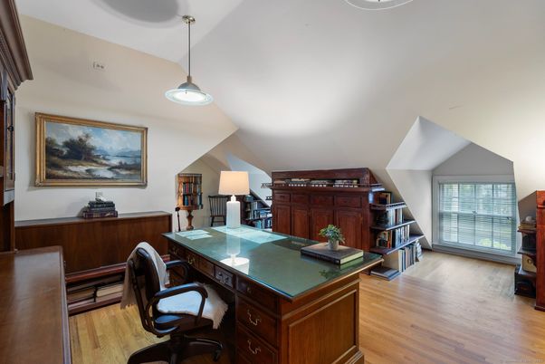 Home Office, Interior, Pendant Lights, Wood Texture Flooring