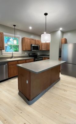 Interior, Kitchen, Pendant Lights, Recessed Lighting, Wood Texture Flooring
