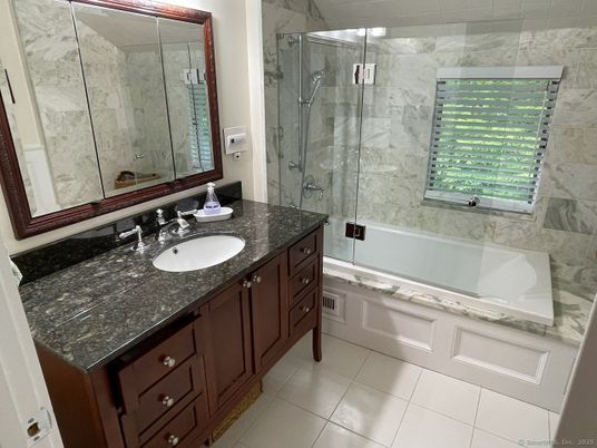 Bathroom, Dual Sink Vanities, Glass Shower, Interior, Marble Walls
