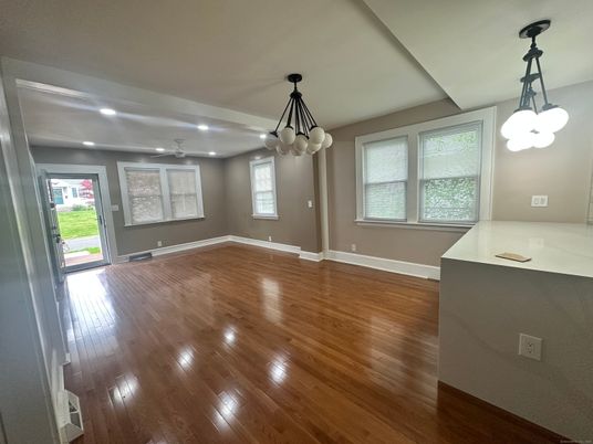 Empty room, Interior, Pendant Lights, Recessed Lighting, Wood Texture Flooring