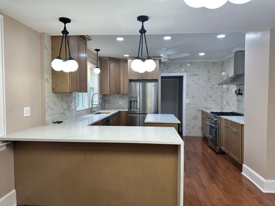 Interior, Kitchen, Pendant Lights, Recessed Lighting, Stainless Steel Appliances, Stone Walls, Wood Texture Flooring