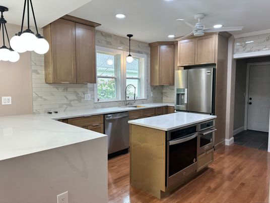 Interior, Kitchen, Pendant Lights, Recessed Lighting, Stainless Steel Appliances, Wood Texture Flooring