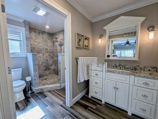 Bathroom, Glass Shower, Interior, Recessed Lighting, Wood Texture Flooring