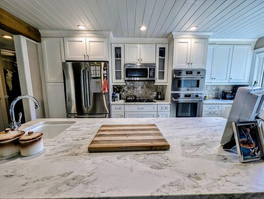 Interior, Kitchen, Marble, Recessed Lighting, Stainless Steel Appliances