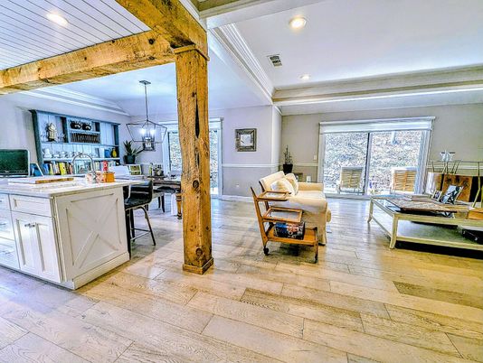 Interior, Kitchen, Pendant Lights, Recessed Lighting, Wooden Beams, Wood Texture Flooring