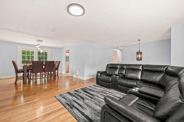 Dining room, Interior, Living room, Pendant Lights, Wood Texture Flooring