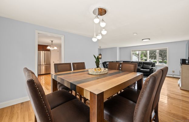 Dining room, Interior, Pendant Lights, Stainless Steel Appliances, Wood Texture Flooring