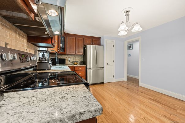 Chandelier, Interior, Kitchen, Stainless Steel Appliances, Wood Texture Flooring
