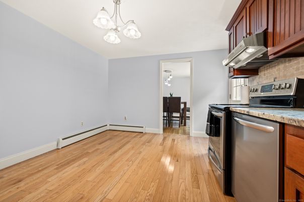 Dining room, Interior, Kitchen, Stainless Steel Appliances, Wood Texture Flooring