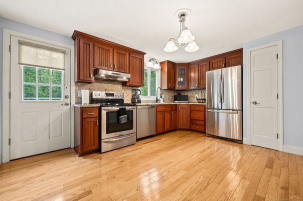 Interior, Kitchen, Pendant Lights, Stainless Steel Appliances, Wood Texture Flooring