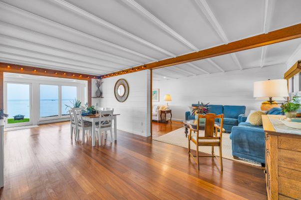 Dining room, Interior, Living room, Water, Wooden Beams, Wood Texture Flooring
