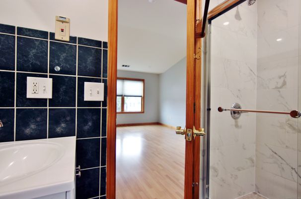 Bathroom, Interior, Marble Walls, Wood Texture Flooring