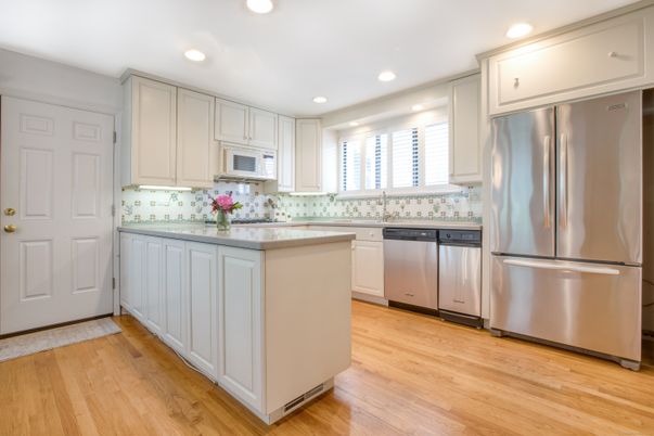 Interior, Kitchen, Recessed Lighting, Stainless Steel Appliances, Wood Texture Flooring