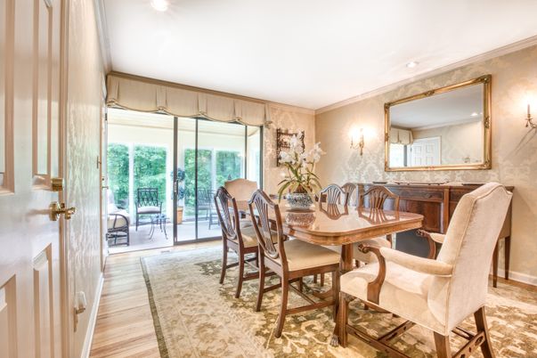 Dining room, Interior, Recessed Lighting, Wood Texture Flooring
