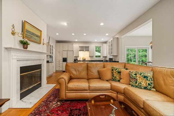 Fireplace, Interior, Kitchen, Living room, Recessed Lighting, Wood Texture Flooring