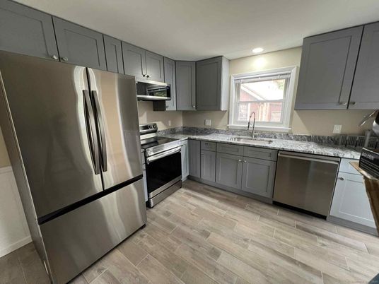 Interior, Kitchen, Recessed Lighting, Stainless Steel Appliances, Wood Texture Flooring