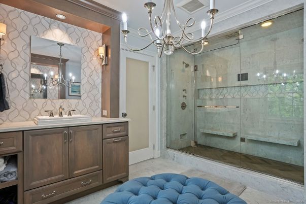 Bathroom, Chandelier, Glass Shower, Interior, Recessed Lighting