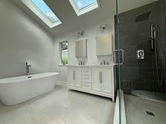 Bathroom, Dual Sink Vanities, Free Standing Baths, Glass Shower, Interior, Marble, Marble Walls
