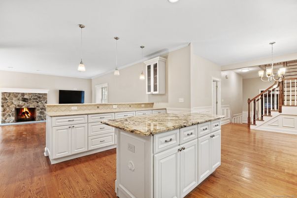 Fireplace, Interior, Pendant Lights, Recessed Lighting, Wood Texture Flooring