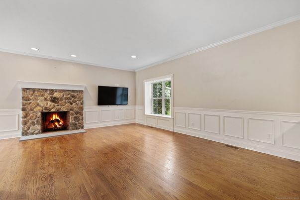 Empty room, Fireplace, Interior, Recessed Lighting, Wood Texture Flooring