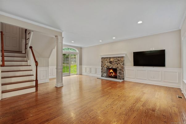 Empty room, Fireplace, Interior, Recessed Lighting, Wood Texture Flooring