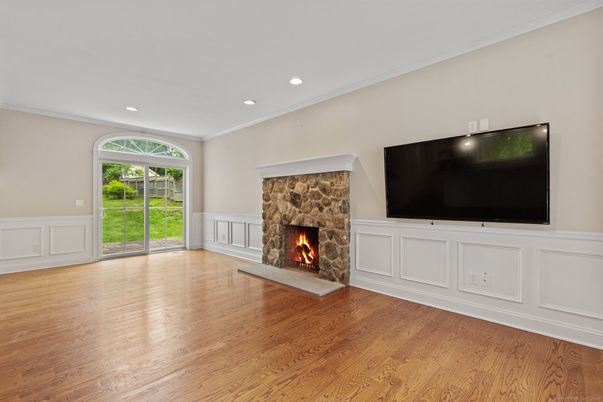 Empty room, Fireplace, Interior, Recessed Lighting, Wood Texture Flooring