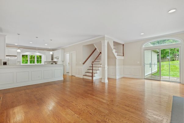 Empty room, Interior, Kitchen, Pendant Lights, Recessed Lighting, Wood Texture Flooring
