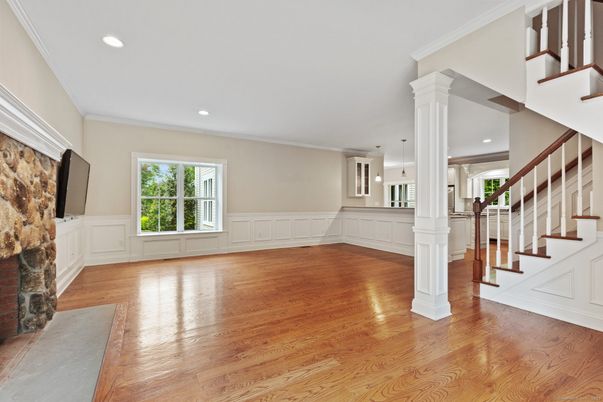 Empty room, Interior, Pendant Lights, Recessed Lighting, Wood Texture Flooring