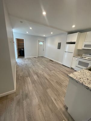 Empty room, Interior, Kitchen, Recessed Lighting, Wood Texture Flooring