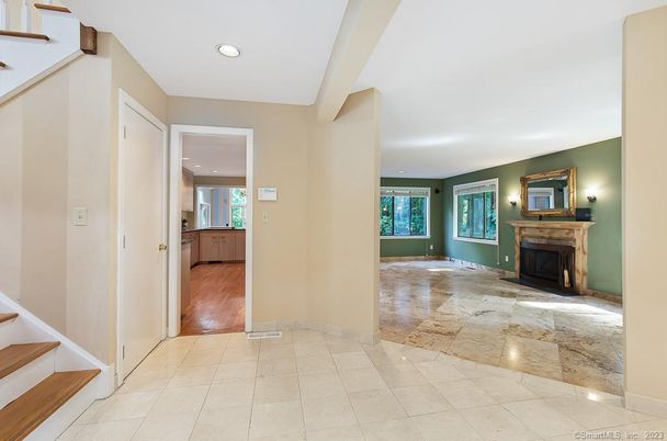 Empty room, Fireplace, Interior, Recessed Lighting, Wood Texture Flooring