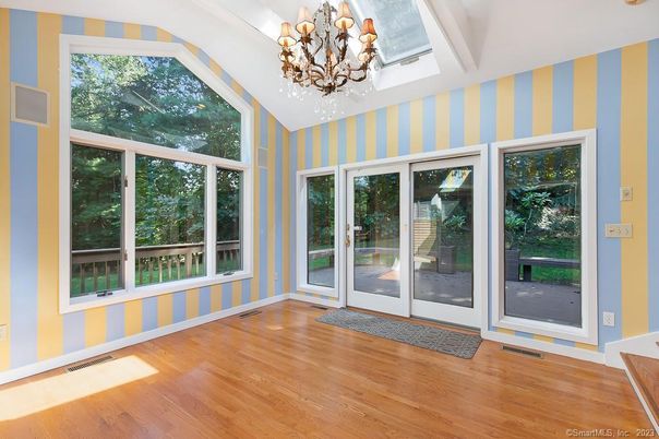Chandelier, Empty room, Interior, Sun Room, Wood Texture Flooring