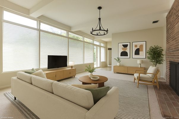 Chandelier, Fireplace, Interior, Living room, Pendant Lights, Stone Walls
