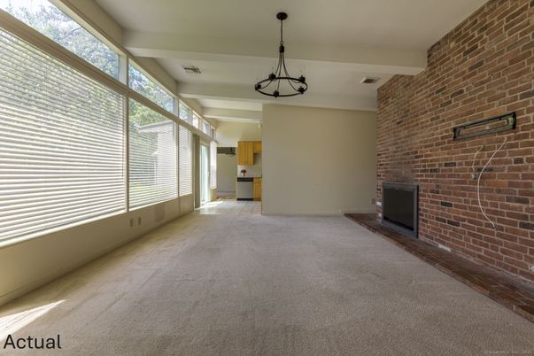 Empty room, Fireplace, Interior, Pendant Lights, Stone Walls