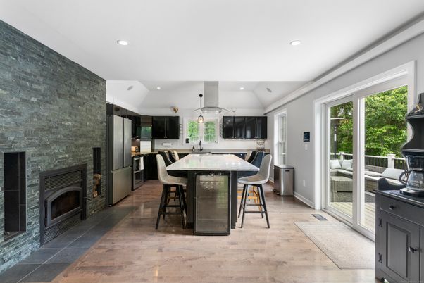 Dining room, Fireplace, Interior, Kitchen, Pendant Lights, Recessed Lighting, Wood Texture Flooring