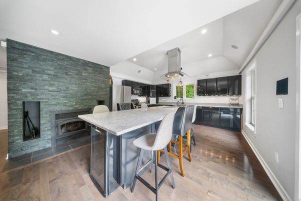 Fireplace, Interior, Kitchen, Recessed Lighting, Wood Texture Flooring