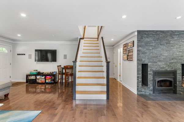 Fireplace, Interior, Recessed Lighting, Wood Texture Flooring