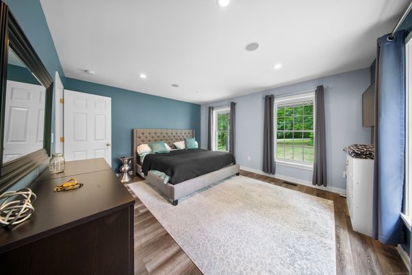 Bedroom, Interior, Recessed Lighting, Wood Texture Flooring