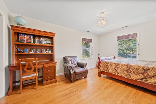 Bedroom, Chandelier, Home Office, Interior, Wood Texture Flooring
