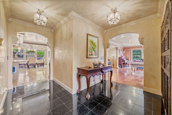 Billiard Table, Chandelier, Dining room, Game Room, Interior, Recessed Lighting, Wood Texture Flooring