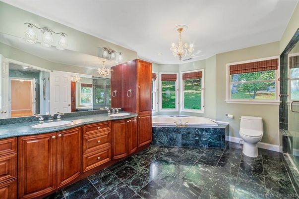 Bathroom, Chandelier, Dual Sink Vanities, Glass Shower, Interior, Marble, Recessed Lighting