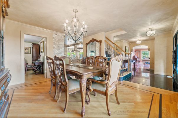 Chandelier, Dining room, Interior, Wood Texture Flooring